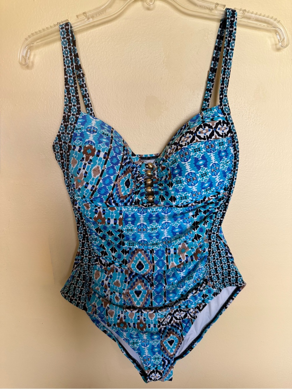 La Blanca Ikat Print turquoise one piece swimsuit size 10